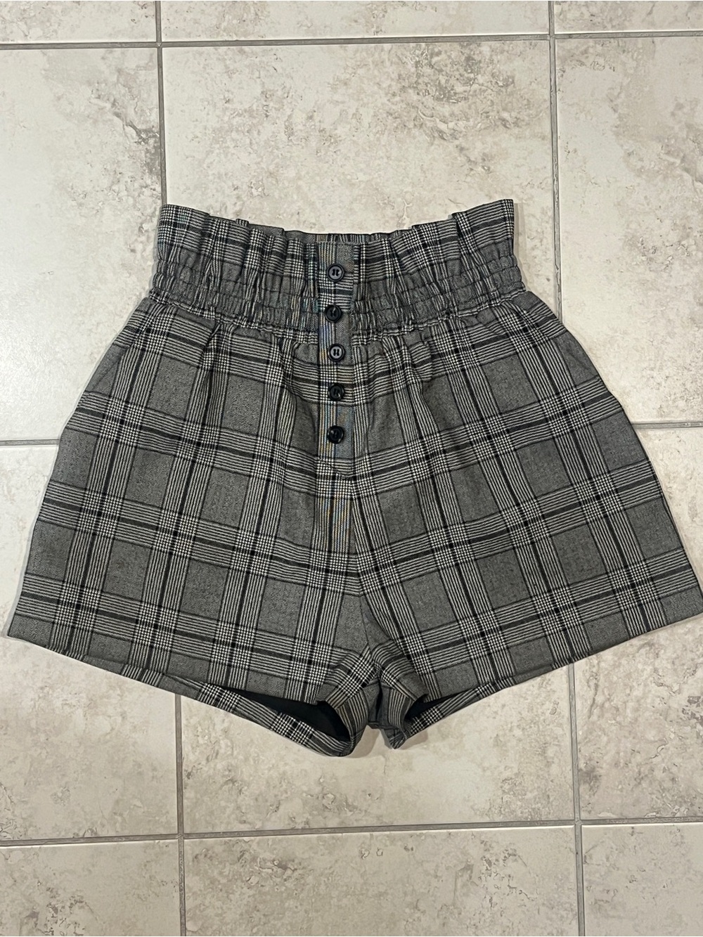 High-Waist Gray Plaid Paperbag Shorts